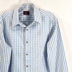 UNTUCKit Men's Medium Slim Fit Wrinkle Free Plaid Dress Shirt Blue White Brown